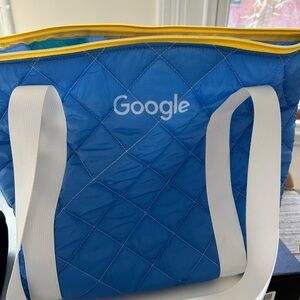 Brand new Google Blue Quilted zip top Bag with White Straps